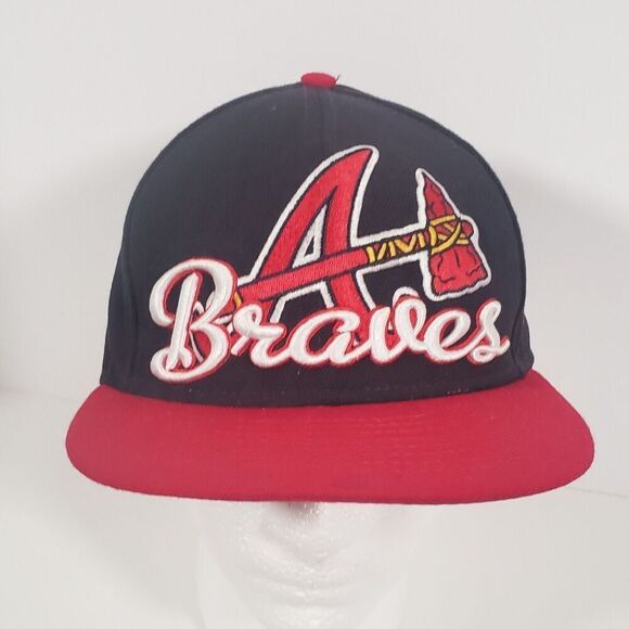New Era MLB Atlanta Braves Fitted Baseball Tomahawk Hat Cap 7 3/8 Wool Navy Red - Picture 1 of 13